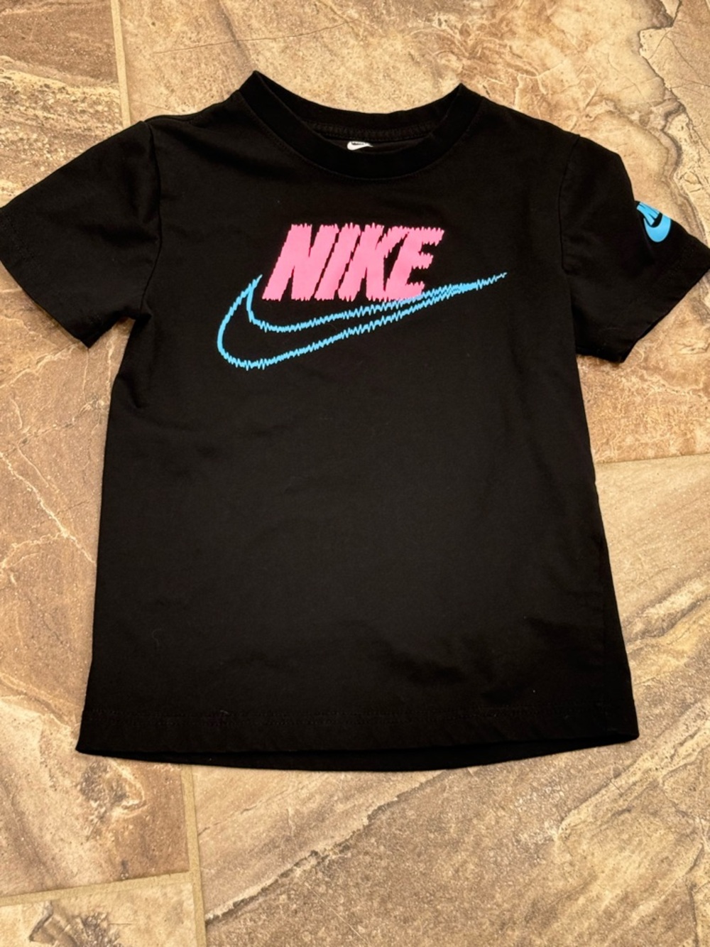 Nike Kids Black T-Shirt with Hot Pink Logo and Blue Swoosh Size 7